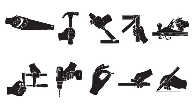 Vintage woodworking hand tools icon set, black silhouette carpenter hands using saw and hammer, 10 carpentry equipment vector illustrations