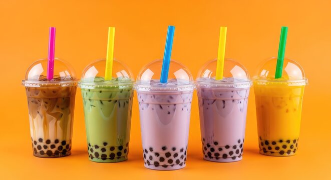 Vibrant assorted bubble tea drinks in clear plastic cups featuring black tapioca pearls and straws set against a bright orange backdrop, cold, vibrant, tea