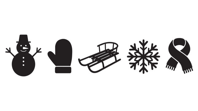 Winter season icon set with black snowman and snowflake, minimalist holiday vector elements, 5 flat winter silhouettes for seasonal design