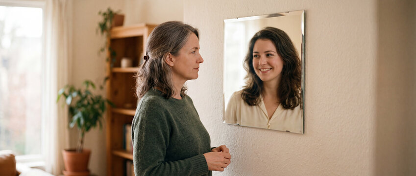 Middle-aged woman gazing at mirror reflection showing younger, happier self in warm home