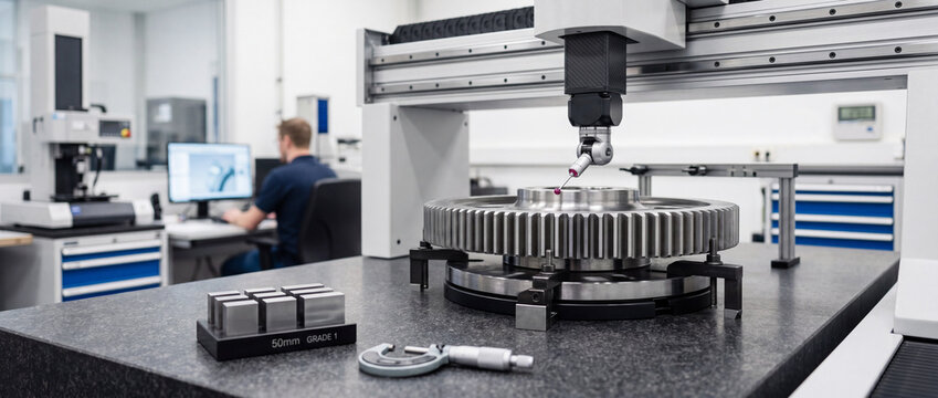 Precision gear inspection on coordinate measuring machine in manufacturing quality control lab