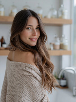 Young woman with long hair wearing a cozy sweater, smiling in a bright kitchen