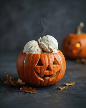 Creative halloween dessert featuring scoops of vanilla ice cream served inside a carved jack o lantern pumpkin with steaming cold vapor
