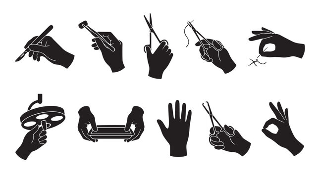 Surgical hand silhouettes holding medical instruments, set of 10 surgeon hands with scalpel and scissors, black medical icons for healthcare design