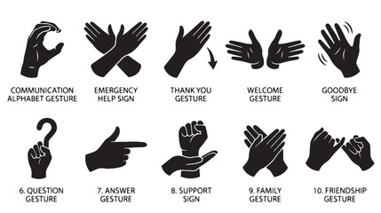 Hand gesture icons set for non-verbal communication, 10 black silhouette signs for help and support, sign language symbols for social interaction © Naveed