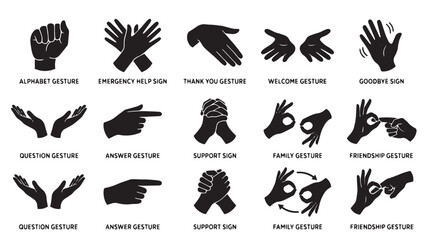 Sign language hand gestures set, 15 black silhouette icons of nonverbal communication, deaf community alphabet and emergency help signals © Naveed