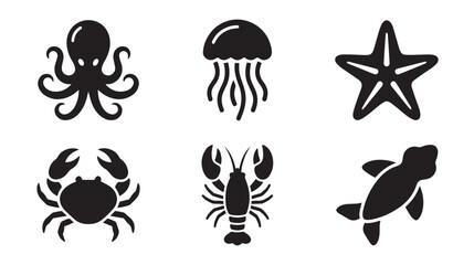 Marine life icon set with 6 black vector silhouettes, sea creature illustrations including octopus and crab, aquatic animal symbols for nautical design © Naveed