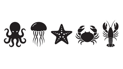 Minimalist sea creature icons set, black silhouette ocean animal vector collection, octopus jellyfish starfish crab and lobster symbols © Naveed