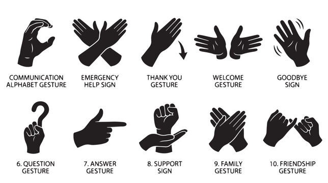 Hand gesture icons set for non-verbal communication, 10 black silhouette signs for help and support, sign language symbols for social interaction