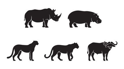 African safari animal silhouettes, set of 5 wild animal icons including rhino and hippo, black wildlife vector graphics for nature conservation © Naveed