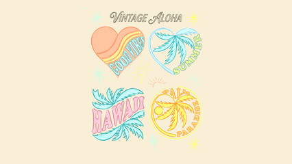Vintage Aloha Tropical Sticker Set with Retro Good Vibes Heart Summer Palm Paradise and Hawaii Typography Designs in Pastel Colors for 70s Inspired Surf and Beach Apparel Graphics © Muhammad