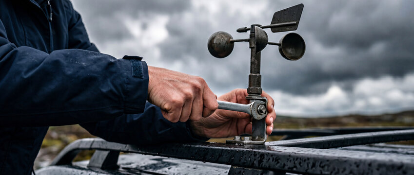 Technician installing anemometer on vehicle roof during stormy weather fieldwork with wrench