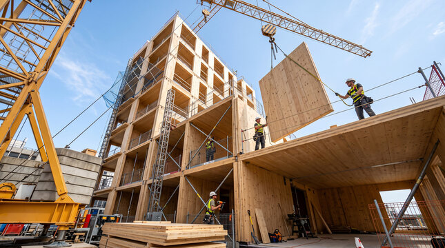 Construction of Wooden Skyscraper: Workers meticulously assemble a sustainable wooden skyscraper using cranes and modern construction techniques, highlighting eco-friendly building practices.