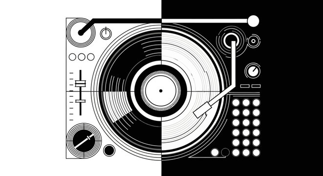 Black and white illustration of a DJ mixer with turntable and control panel.