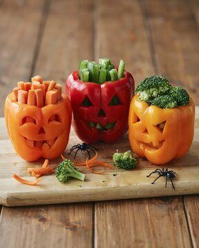 Festive halloween vegetable snacks carrot pepper and broccoli jack o' lanterns for healthy treats