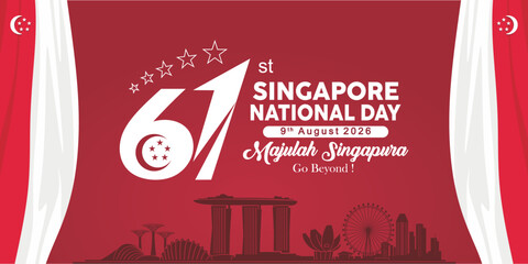 Singapore National Day 2026 horizontal banner template. Features 61st anniversary typography, "Majulah Singapura, Go Beyond!" slogan, modern skyline silhouette, and white curtains. © Ocha Designs