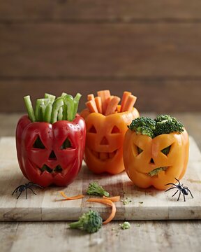 Creative halloween vegetable platters featuring red and orange bell peppers carved like jack o lanterns filled with fresh healthy veggie sticks