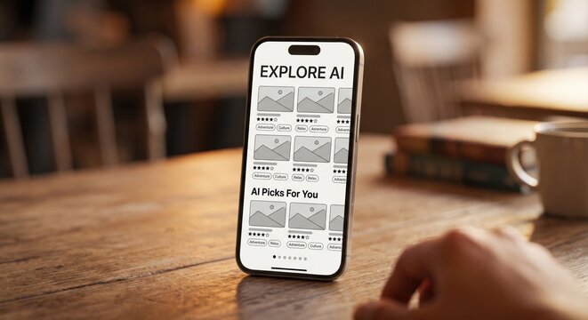 Close up smartphone displaying EXPLORE AI travel wireframe app on wooden table at cafe