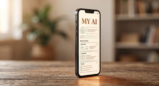 Close up smartphone with MY AI daily summary assistant app dashboard on wooden table