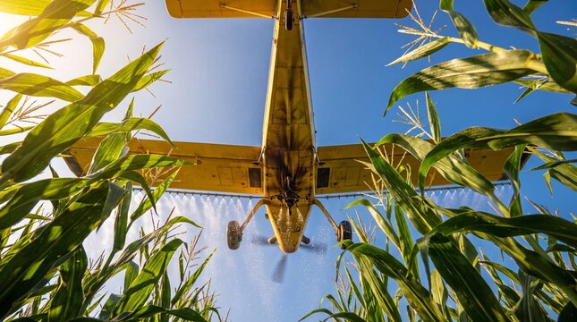 Extreme low angle worm's-eye view of a yellow agricultural crop duster airplane flying directly over a green cornfield, spraying fertilizer mist against a clear blue sky. 