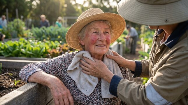 Senior woman suffering from heat exhaustion while gardening on a sunny day. Companion wiping sweat from flushed elderly female farmer with a towel