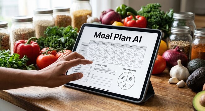 Close up woman hand using Meal Plan AI cooking menu application on tablet in kitchen
