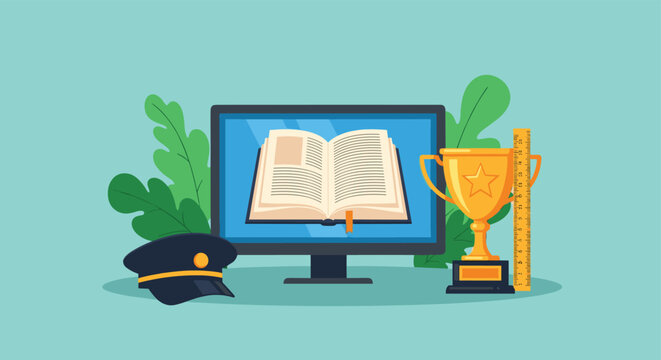 Educational concept showing an open book on a computer screen alongside a golden trophy and a dark blue aviation cap.