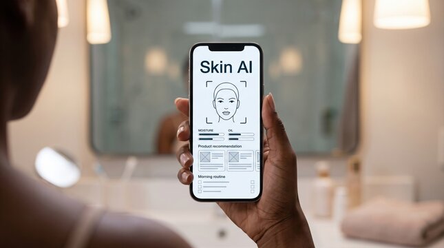 Over shoulder view dark skin man holding smartphone using Skin AI dermatology analysis app