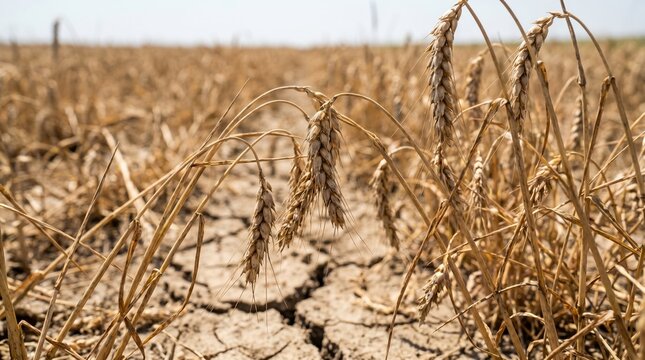 Drooping dry wheat ears in a parched field. Crop failure from severe drought. Agricultural heat suffering and food security concept