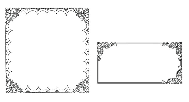 Collection of classic decorative borders and frames featuring elaborate floral motifs and corner ornaments in a clean vector line art style.