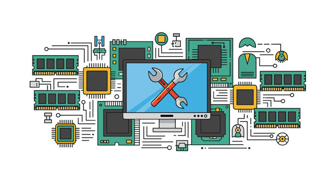 Digital hardware and computer repair concept showcasing electronic components like motherboard, RAM modules, and a monitor with tools.