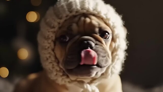 pug dogs wearing winter hats