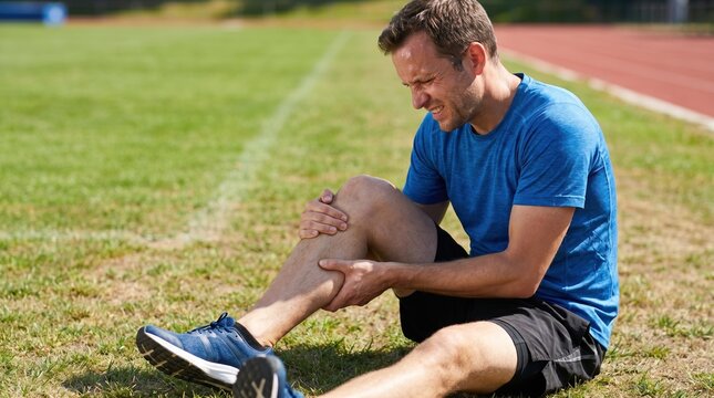 Male athlete clutching his calf muscle in pain on a sports field. Runner suffering from leg cramp or injury during outdoor workout
