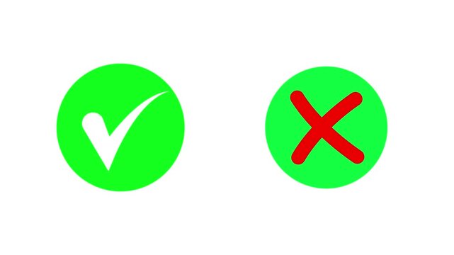 Animated pop-up green check mark and red cross X symbol on a transparent background. A check mark in and out motion graphics animation. Video footage of yes or no, true or false with tick & close sign