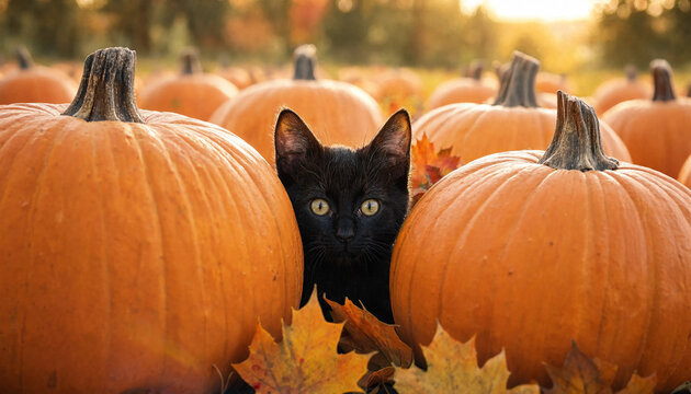 Black cat hiding among pumpkins in autumn field during golden hour transparent background