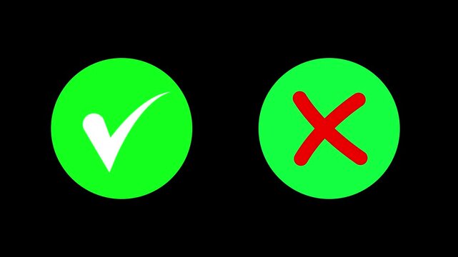 Animated pop-up green check mark and red cross X symbol on a transparent background. A check mark in and out motion graphics animation. Video footage of yes or no, true or false with tick & close sign