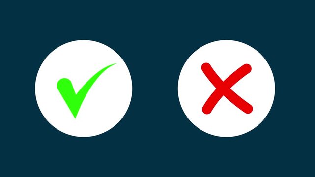 Animated pop-up green check mark and red cross X symbol on a transparent background. A check mark in and out motion graphics animation. Video footage of yes or no, true or false with tick & close sign