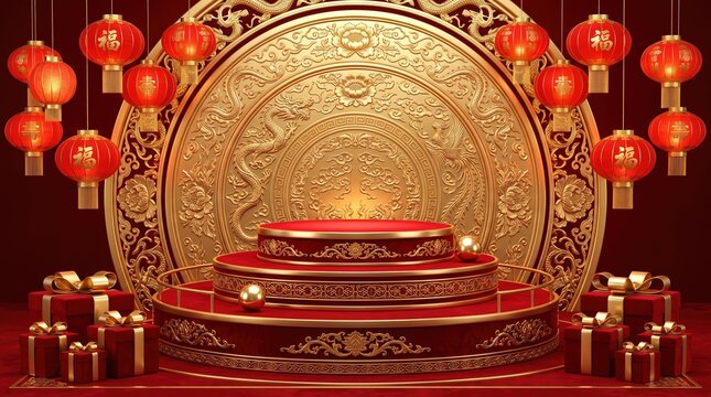 Elegant mid autumn festival scene with red lanterns golden moon gate and gift boxes 3d rendering