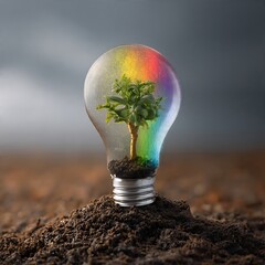 Obraz premium A miniature green tree growing inside a light bulb on dark soil.