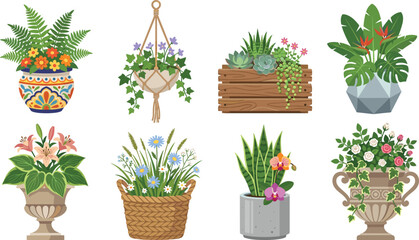 Fototapeta premium Decorative Potted Houseplants Collection with Indoor Tropical Plants Flowers and Hanging Planters Vector Set
