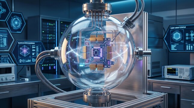 Advanced quantum computer processor chip suspended inside a glowing glass vacuum chamber featuring intricate metallic wiring and blue light particles in a high tech research laboratory