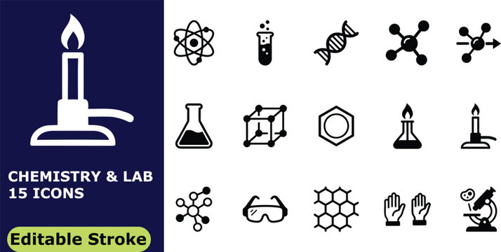 Chemistry and laboratory icon set, 15 vector outline pictograms of science symbols, research equipment, molecules, and laboratory experiments for academic and scientific design
