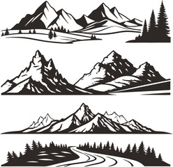 Fototapeta premium Mountain landscapes with pine trees and winding road during day Vector Illustration