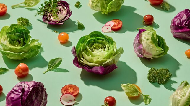 A vibrant spiral arrangement of lettuce wraps and vegetables across a pastel green background with soft shadows and playful composition