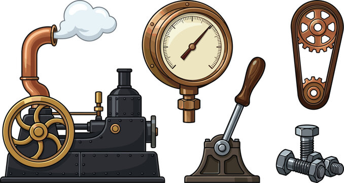 Steampunk Industrial Machinery Vector Icon Set with Steam Engine Copper Pressure Gauge Lever Switch Gear Drive Belt and Metal Bolts for Game Asset Designs