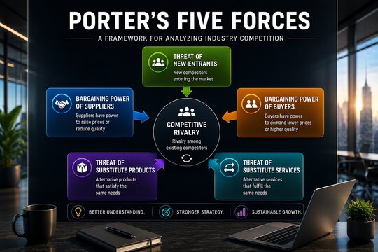 Porter's Five Forces framework diagram illustrating competitive analysis with supplier power, buyer power, rivalry, substitution and new entrants for business strategy
