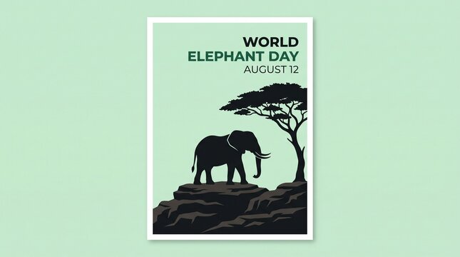 World elephant day august 12 poster with elephant silhouette and acacia tree