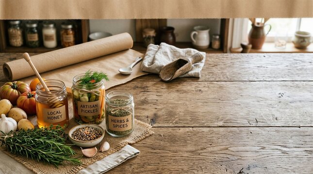Local Honey And Pickles With Fresh Herbs And Spices On Kitchen Counter