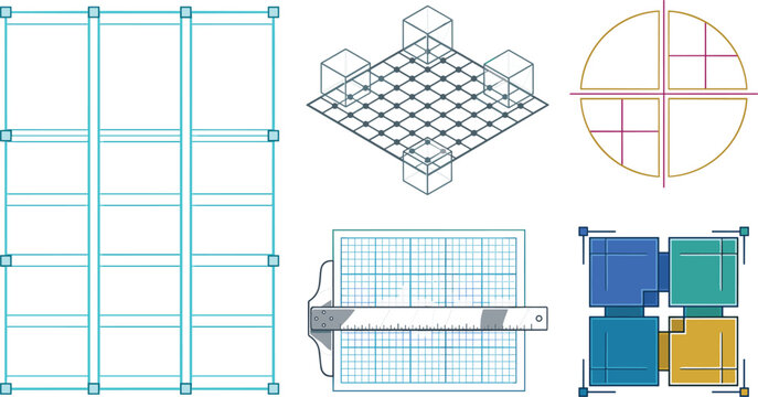 Graphic Design Layout and Architectural Blueprint Vector Elements Set with Grid Framework, Isometric Cubes, T Square Ruler, Circle Guides, and Color Blocks