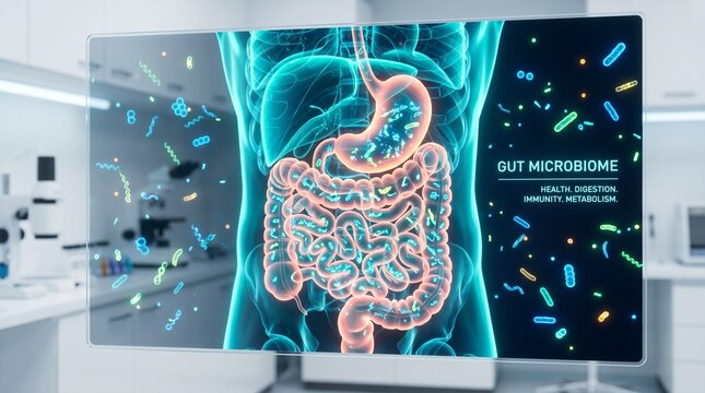 Human gut microbiome with glowing bacteria in digestive system, intestine and stomach, medical 3D illustration, gut health concept